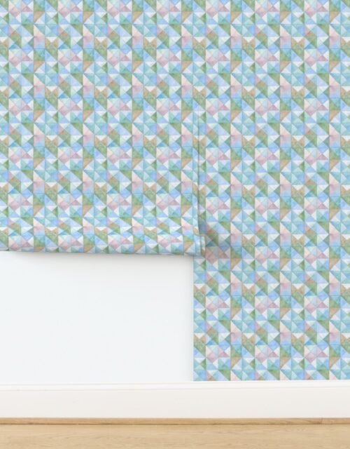 Soft Watercolor Quilted Patchwork Triangles in Sky Blue and Sage Wallpaper