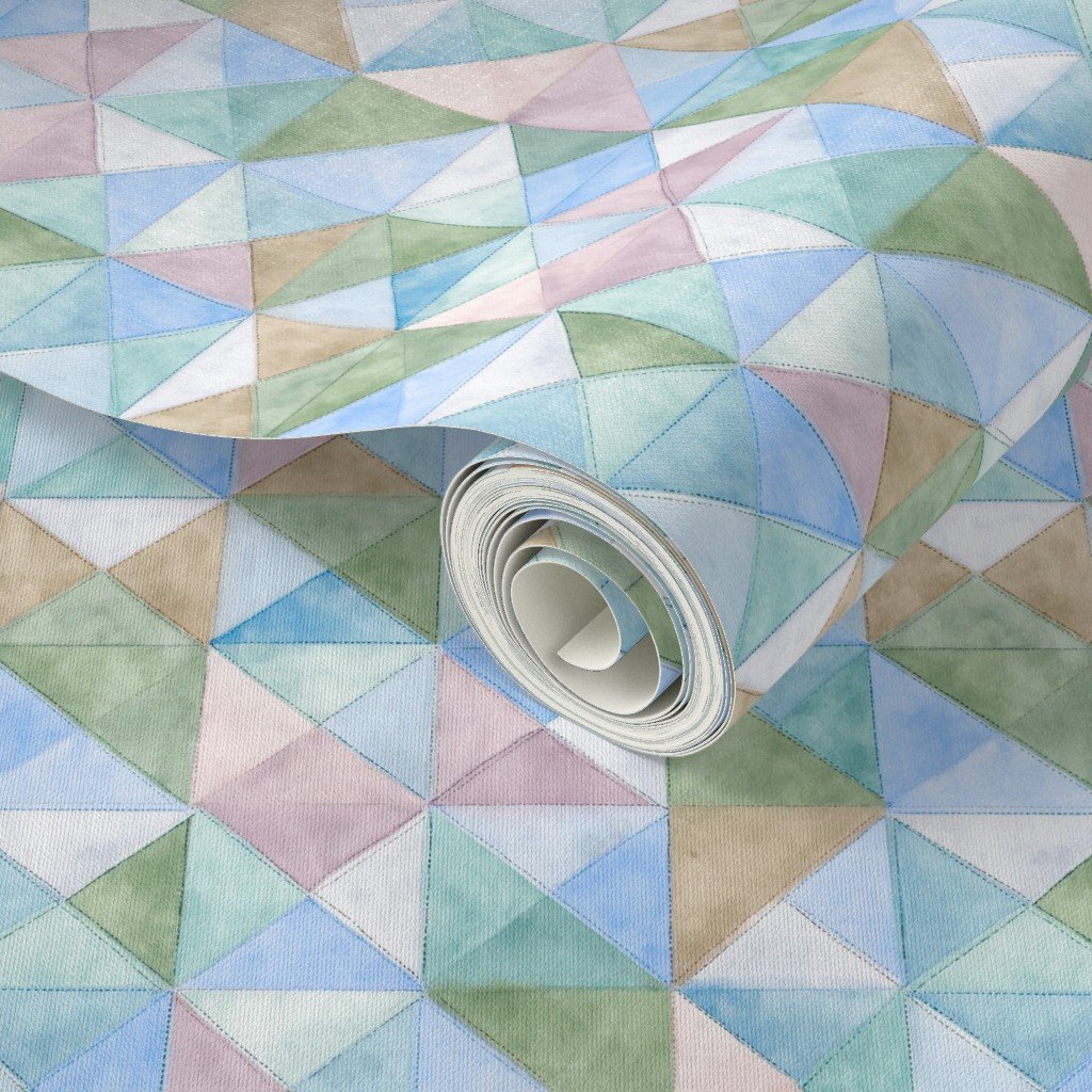 Soft Watercolor Quilted Patchwork Triangles in Sky Blue and Sage Wallpaper Soft Watercolor Quilted Patchwork Triangles in Sky Blue and Sage Wallpaper - Image 3