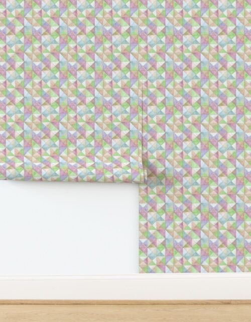 Soft Watercolor Quilted Patchwork Triangles in Spring Green and Pastels Wallpaper