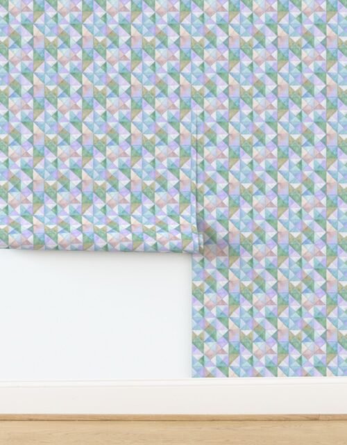 Soft Watercolor Quilted Patchwork Triangles in Mint Sage and Lavender Wallpaper
