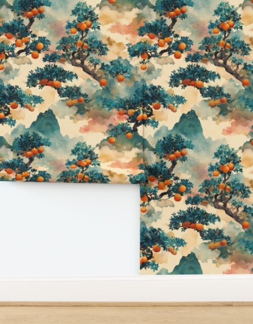 Watercolor Japanese Orange Tree Bonsai with Mountains Wallpaper