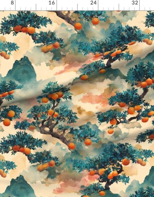 Fabric in Watercolor Japanese Orange Tree Bonsai with Mountains