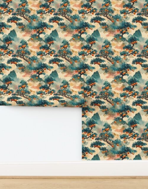 Small Watercolor Japanese Bonsai Orange Tree Pattern Wallpaper