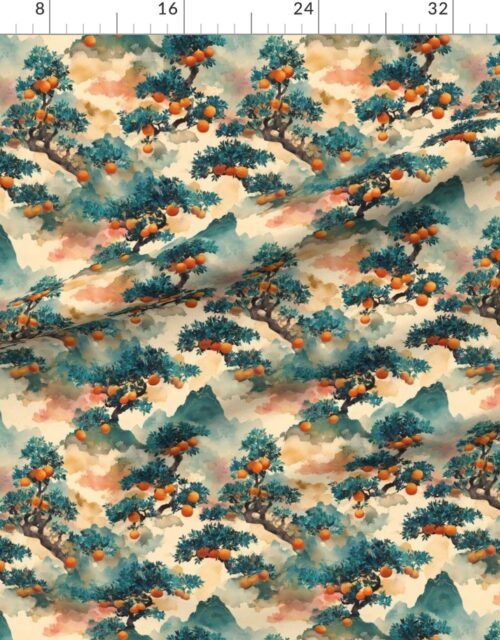 Fabric in Small Watercolor Japanese Bonsai Orange Tree Pattern