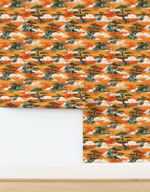 Small Watercolor Japanese Bonsai Pine Mountain Pattern Wallpaper