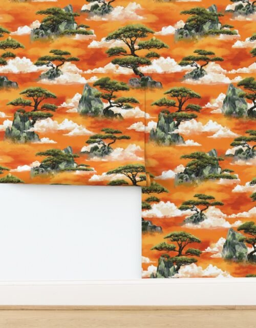 Watercolor Japanese Bonsai Pines Floating on Misty Mountains Wallpaper