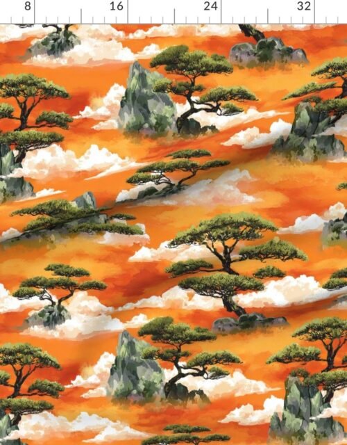 Fabric in Watercolor Japanese Bonsai Pines Floating on Misty Mountains
