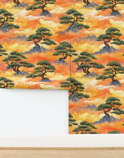Watercolor Japanese Bonsai Pines in Golden Cloudscape Wallpaper