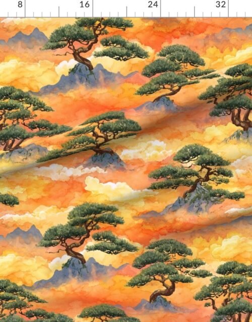 Fabric in Watercolor Japanese Bonsai Pines in Golden Cloudscape