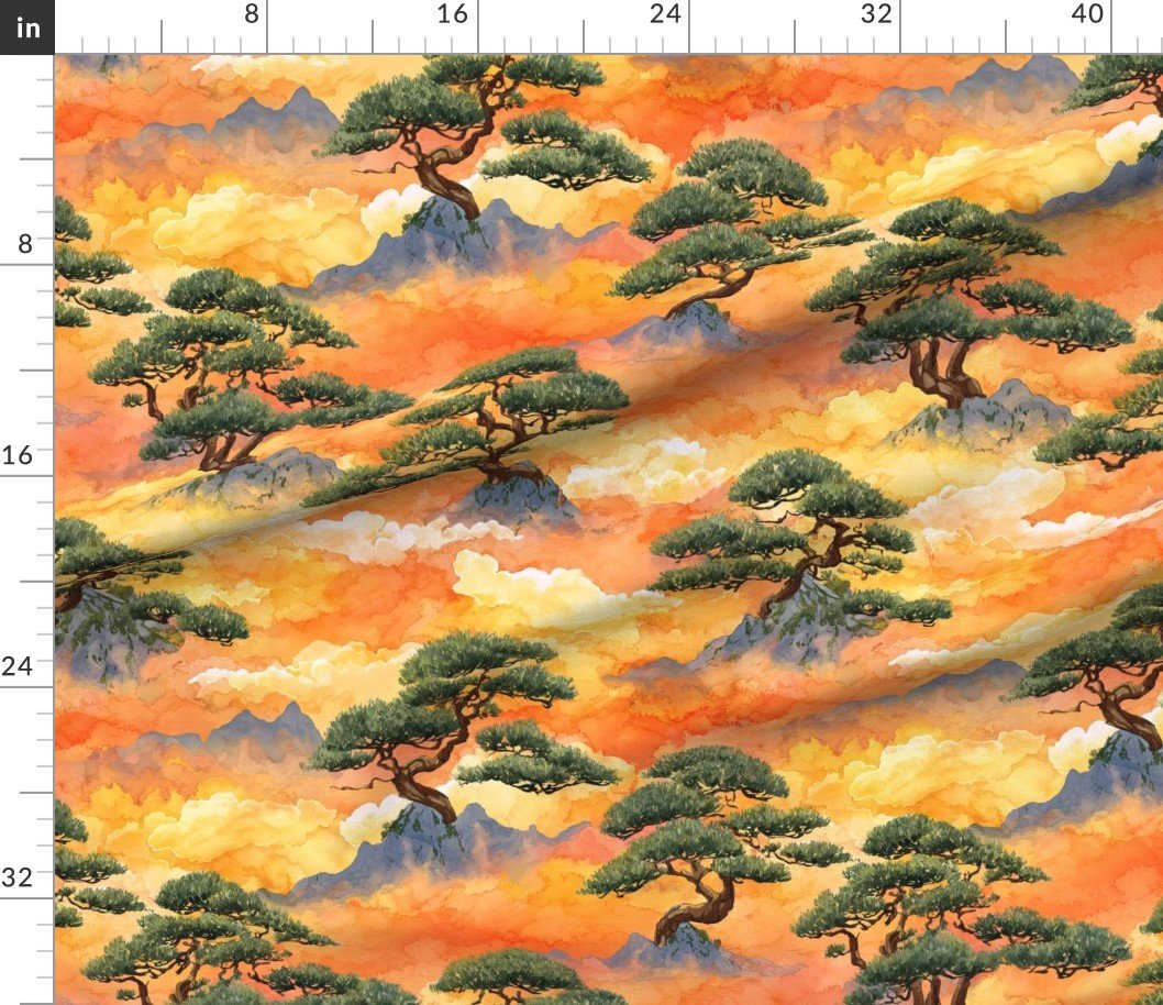 Fabric in Watercolor Japanese Bonsai Pines in Golden Cloudscape Fabric in Watercolor Japanese Bonsai Pines in Golden Cloudscape