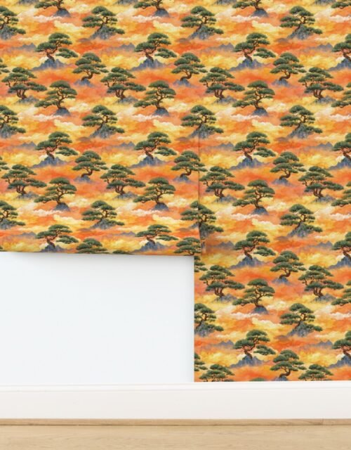 Small Watercolor Japanese Bonsai Pines in Golden Clouds Wallpaper