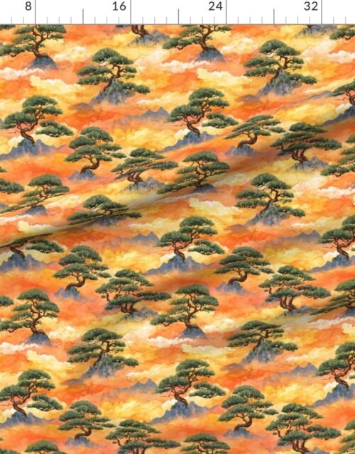 Fabric in Small Watercolor Japanese Bonsai Pines in Golden Clouds