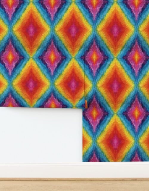 Vibrant Watercolor Diamond Ikat Pattern in Rainbow Colors Wallpaper