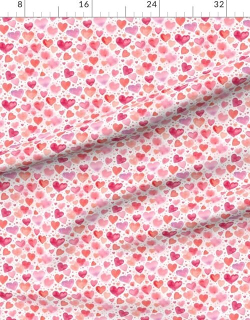 Fabric in Watercolor Pink and Red Valentines Hearts Small Pattern