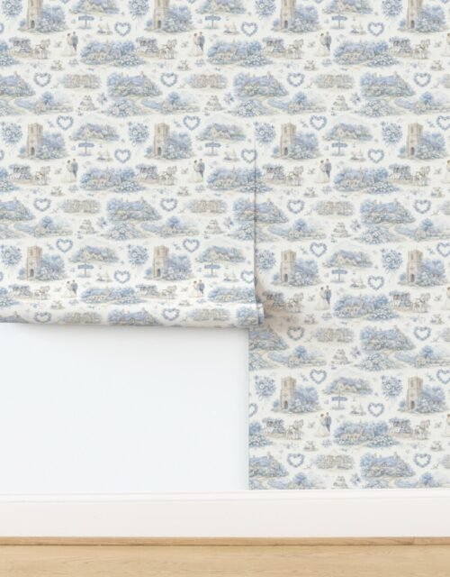 Blue English Village Wedding Toile Watercolor Pattern Wallpaper
