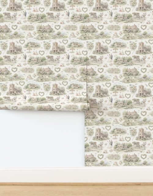 Cream English Village Wedding Toile Watercolor Pattern Wallpaper