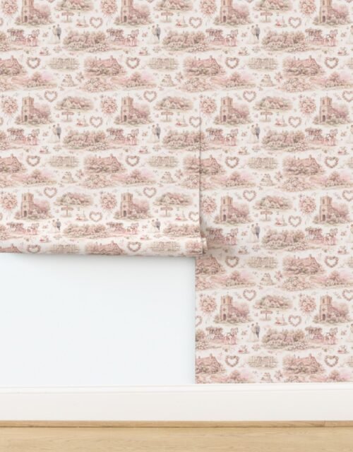 Blush Pink English Village Wedding Toile Watercolor Pattern Wallpaper