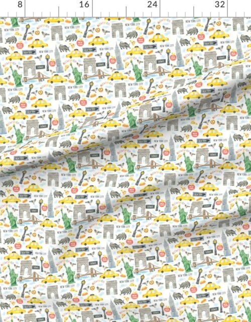 Fabric in New York City Watercolor Motifs with Empire State and Statue of Liberty