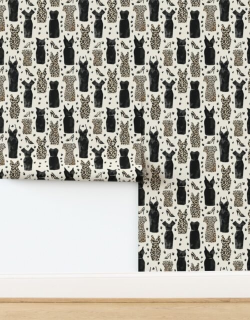 Leopard and Black Dress Fashion Pattern with Heels on Light Background Wallpaper