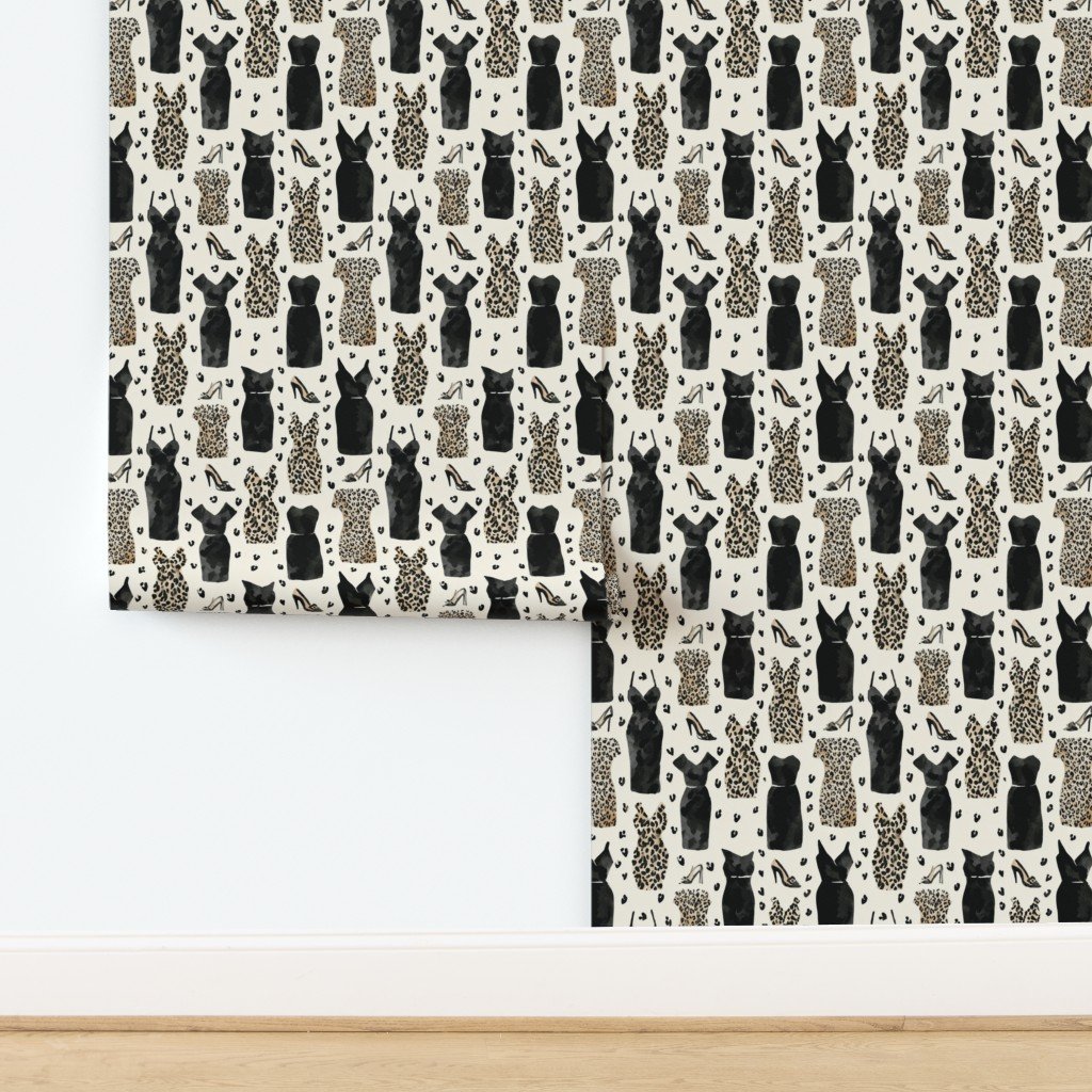 Leopard and Black Dress Fashion Pattern with Heels on Light Background Wallpaper Leopard and Black Dress Fashion Pattern with Heels on Light Background Wallpaper