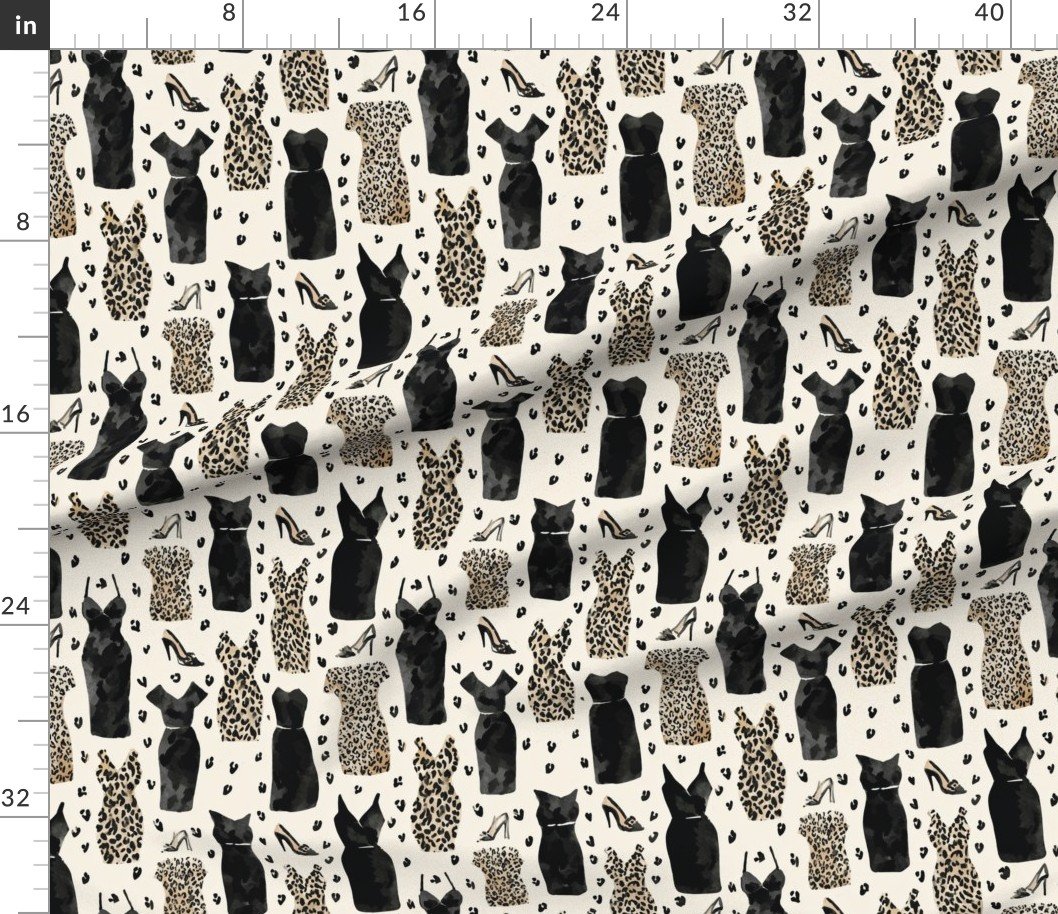 Fabric in Leopard and Black Dress Fashion Pattern with Heels on Light Background Fabric in Leopard and Black Dress Fashion Pattern with Heels on Light Background