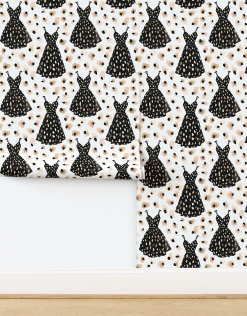 Black Dress Fashion Pattern with Abstract Spot Accents on White Wallpaper