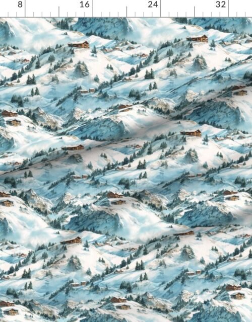 Fabric in Tyrolean Alps Ski Village Watercolor Winter Landscape