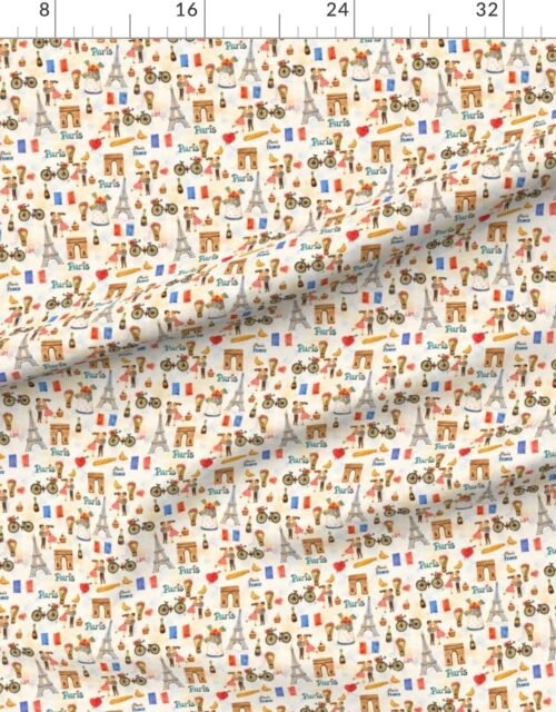 Fabric in Adorable Whimsical Watercolor Paris Motifs with Eiffel Tower