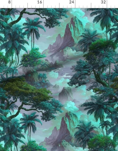 Fabric in Vintage Hawaiian Watercolor Landscape Misty Mountains Palms in Teal Aqua