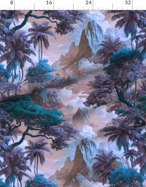 Fabric in Vintage Hawaiian Watercolor Landscape Misty Mountains Palms in Teal Aqua
