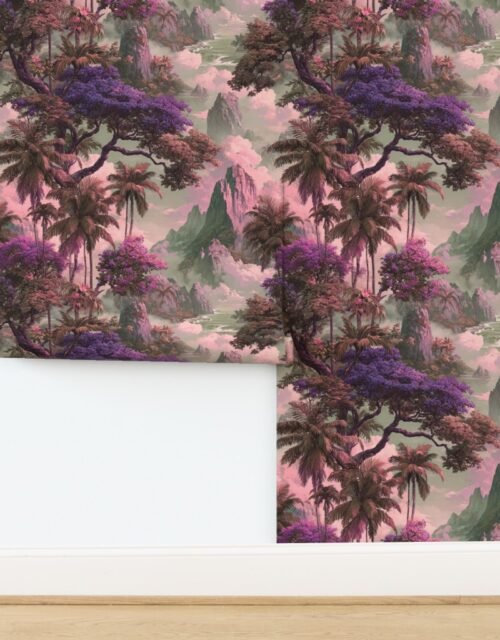 Vintage Hawaiian Watercolor Misty Mountains Palms Pink Lavender Wallpaper