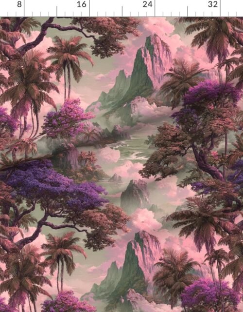 Fabric in Vintage Hawaiian Watercolor Misty Mountains Palms Pink Lavender