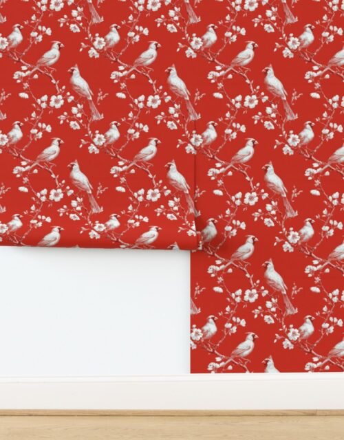 Crimson Orchard Cardinal Toile Botanical Bird Pattern Wallpaper