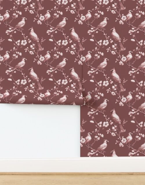 Dusty Rose Orchard Cardinal Toile Botanical Bird Pattern Wallpaper
