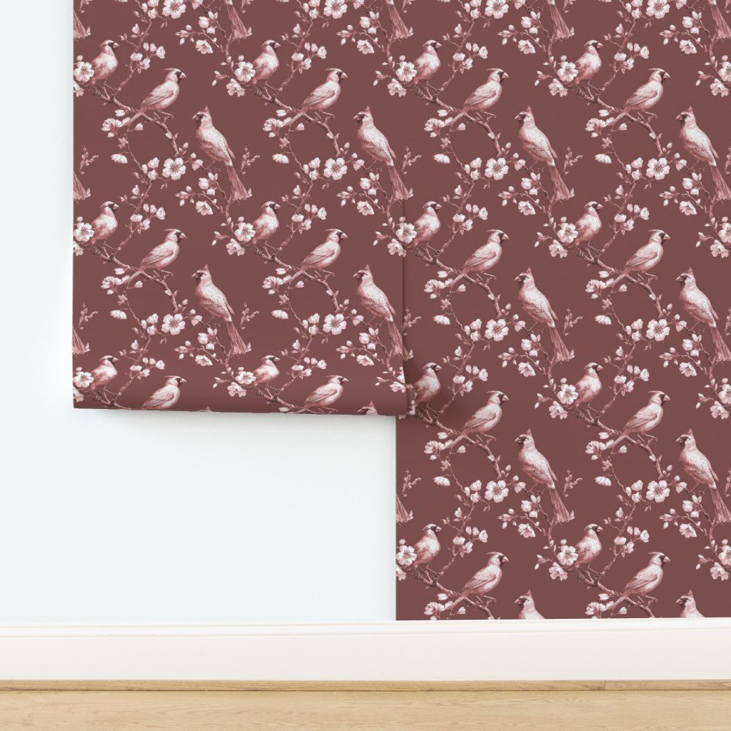 Dusty Rose Orchard Cardinal Toile Botanical Bird Pattern Wallpaper Dusty Rose Orchard Cardinal Toile Botanical Bird Pattern Wallpaper