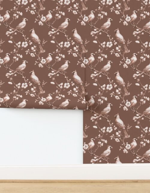 Taupe Orchard Cardinal Toile Botanical Bird Pattern Wallpaper