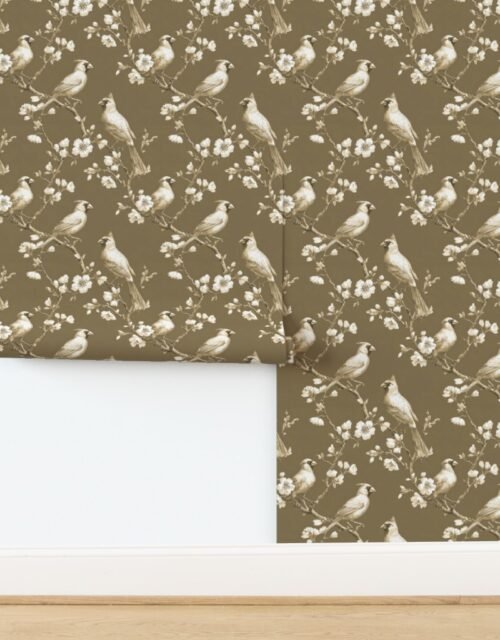 Olive Orchard Cardinal Toile Botanical Bird Pattern Wallpaper