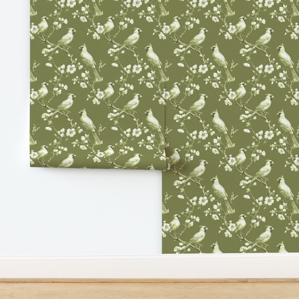 Sage Orchard Cardinal Toile Botanical Bird Pattern Wallpaper Sage Orchard Cardinal Toile Botanical Bird Pattern Wallpaper