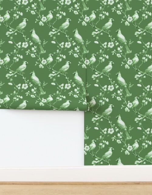 Heritage Green Orchard Cardinal Toile Botanical Bird Pattern Wallpaper