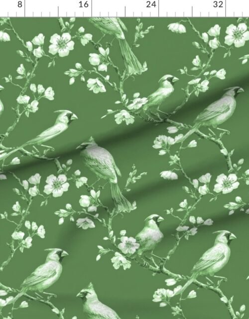 Fabric in Heritage Green Orchard Cardinal Toile Botanical Bird Pattern