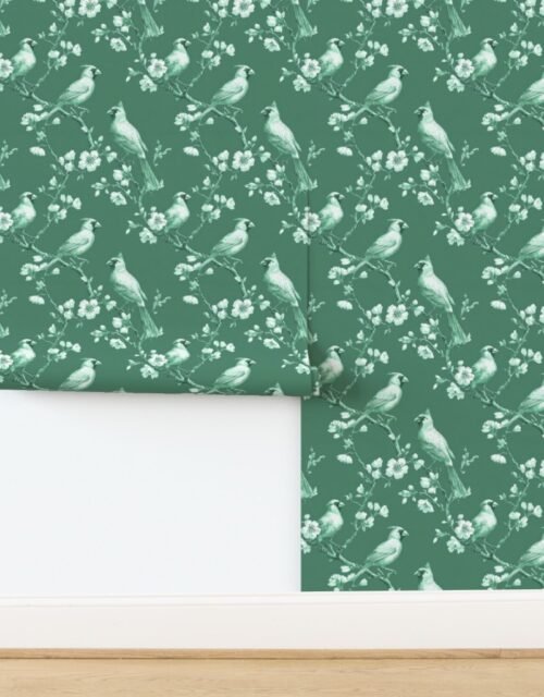 Evergreen Orchard Cardinal Toile Botanical Bird Pattern Wallpaper