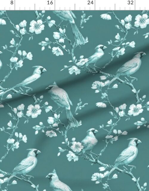 Fabric in Dusty Teal Orchard Cardinal Toile Botanical Bird Pattern