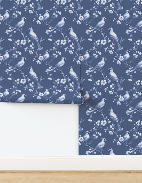 Heritage Blue Orchard Cardinal Toile Botanical Bird Pattern Wallpaper