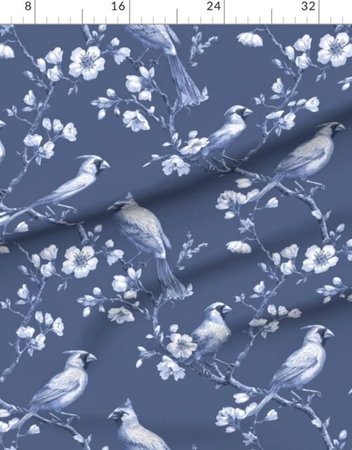 Fabric in Heritage Blue Orchard Cardinal Toile Botanical Bird Pattern
