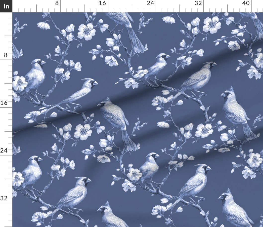 Fabric in Heritage Blue Orchard Cardinal Toile Botanical Bird Pattern Fabric in Heritage Blue Orchard Cardinal Toile Botanical Bird Pattern