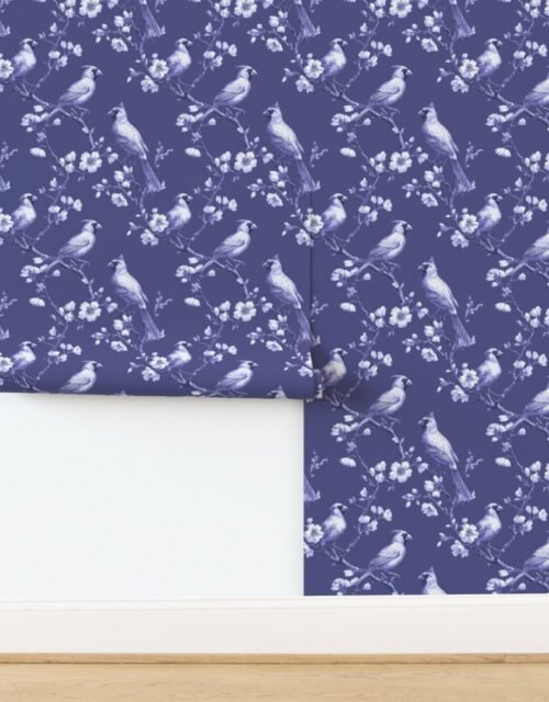 Dusky Indigo Orchard Cardinal Toile Botanical Bird Pattern Wallpaper