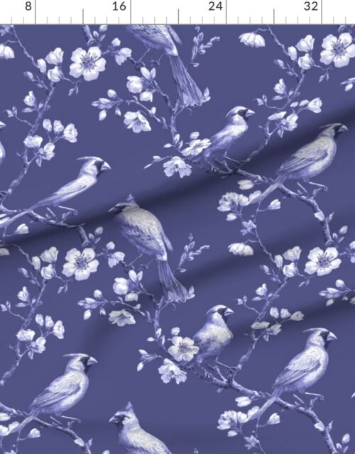 Fabric in Dusky Indigo Orchard Cardinal Toile Botanical Bird Pattern