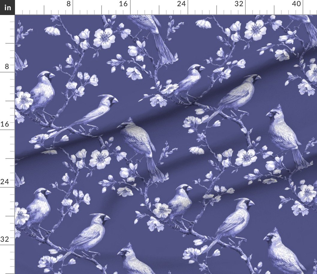 Fabric in Dusky Indigo Orchard Cardinal Toile Botanical Bird Pattern Fabric in Dusky Indigo Orchard Cardinal Toile Botanical Bird Pattern