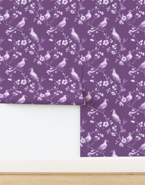 Royal Plum Orchard Cardinal Toile Botanical Bird Pattern Wallpaper