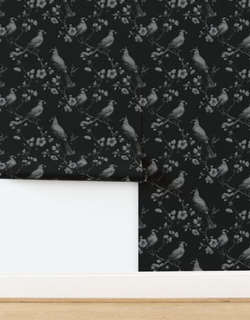 Midnight Black Orchard Cardinal Toile Botanical Bird Pattern Wallpaper